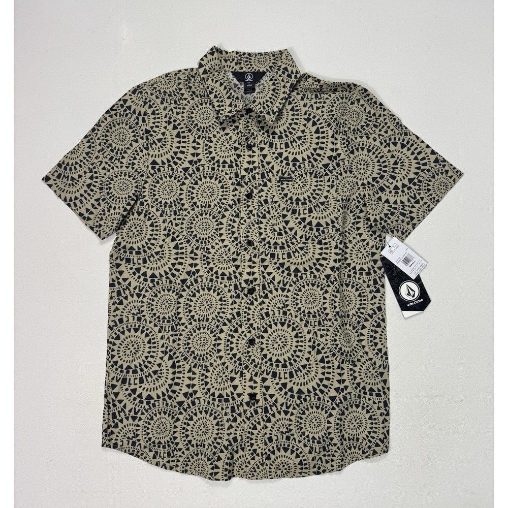 VOLCOM Warbler Mens Small Beige Black Geometric Skate Button Up Shirt A0402102